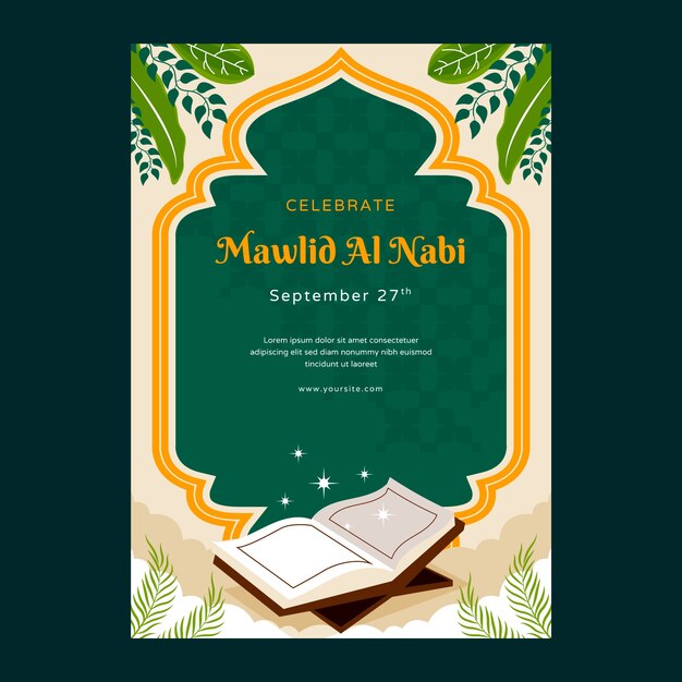 Flat vertical poster template for islamic mawlid al-nabi holiday celebration