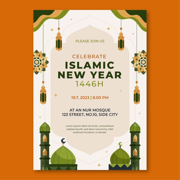 Плоский вертикальный шаблон плаката для празднования исламского нового года