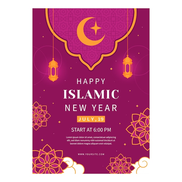 Vettore gratuito modello di poster verticale piatto per la celebrazione del capodanno islamico