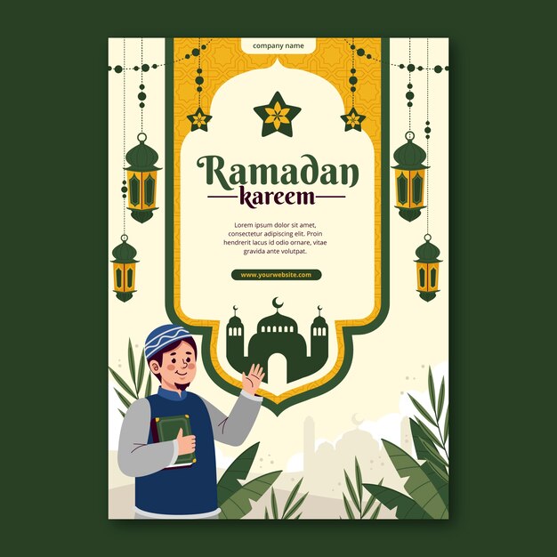 이슬람 라마단 축하를위한 평면 수직 포스터 템플릿