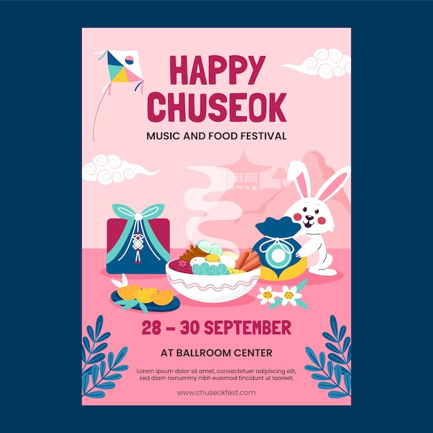 Vettore gratuito modello di poster verticale piatto per la celebrazione del festival chuseok coreano