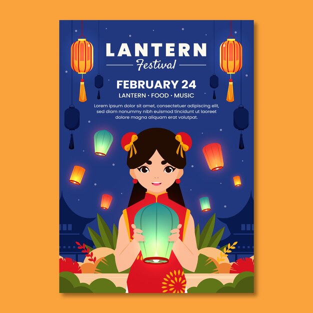 Flat vertical poster template for lantern festival celebration