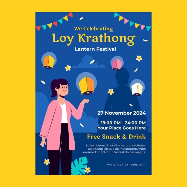 Flat vertical poster template for loy krathong thai festival celebration