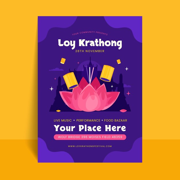 Flat vertical poster template for loy krathong thai festival celebration
