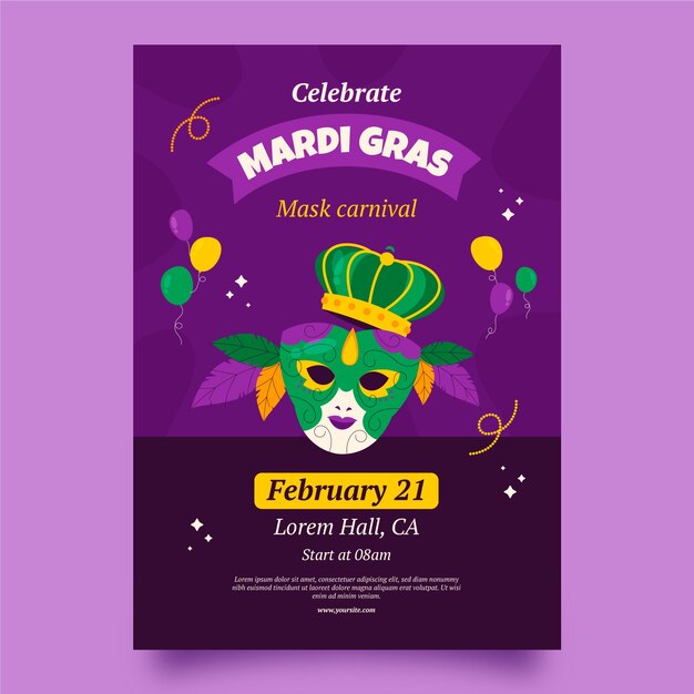 Vettore gratuito modello di poster verticale piatto per il festival del mardi gras