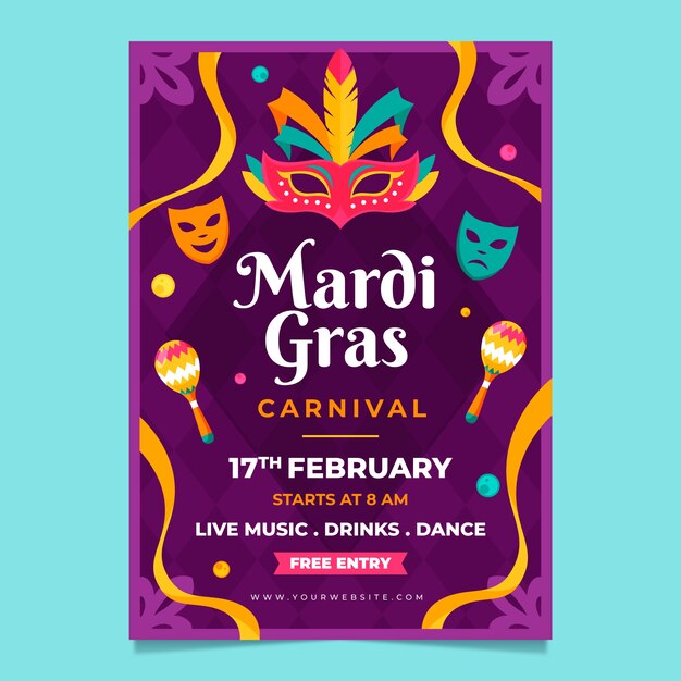 Flat vertical poster template for mardi gras festival