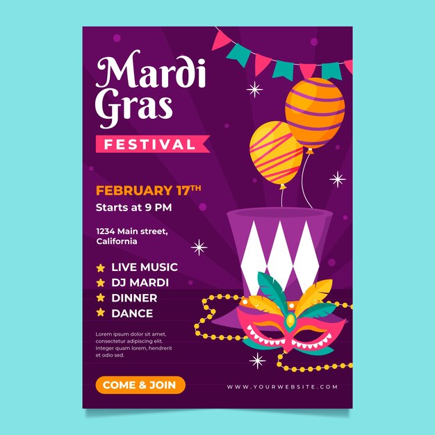 Flat vertical poster template for mardi gras festival