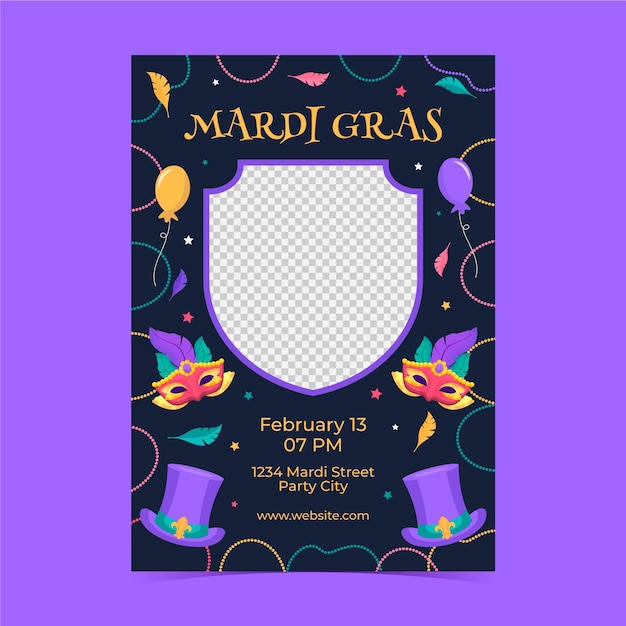 Flat vertical poster template for mardi gras festival