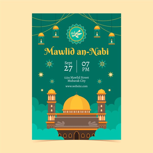 Flat vertical poster template for mawlid al-nabi holiday