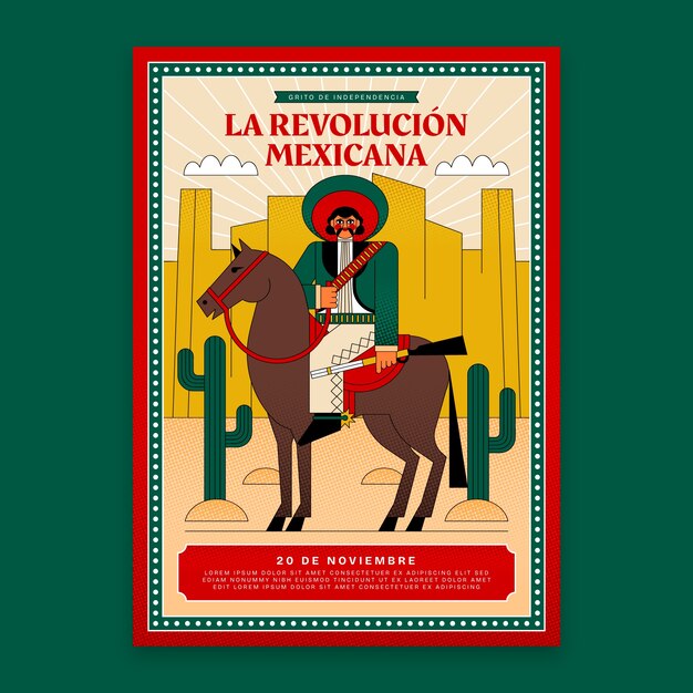 馬に乗った兵士とメキシコ革命のための平らな垂直ポスター テンプレート