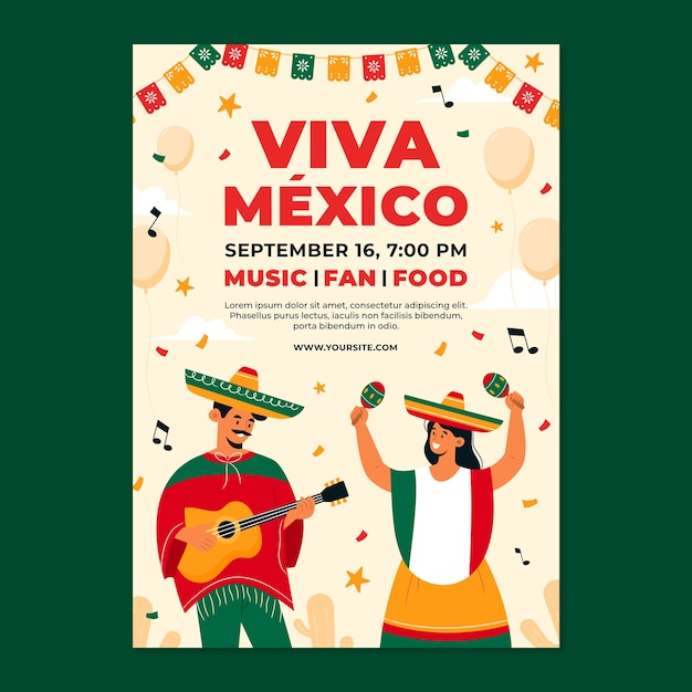 メキシコ独立のお祝いのための平らな垂直ポスターテンプレート