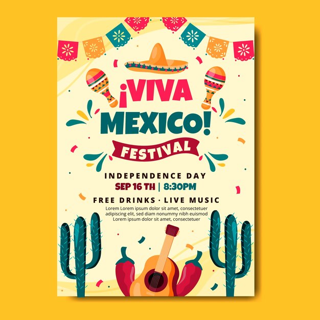 Flat vertical poster template for mexico independence celebration