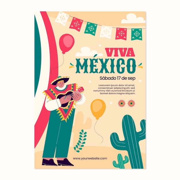 Плоский вертикальный шаблон плаката для празднования независимости мексики