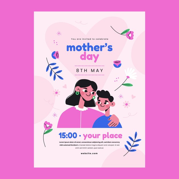 Плоский вертикальный шаблон плаката для празднования дня матери