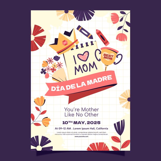 Flat vertical poster template for mothers day celebration in spanish