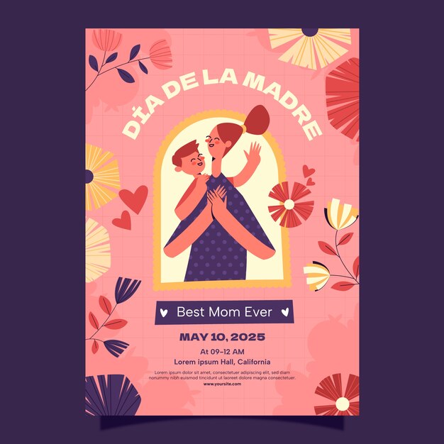 Flat vertical poster template for mothers day celebration in spanish