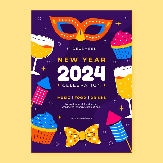 Flat vertical poster template for new year 2024 celebration