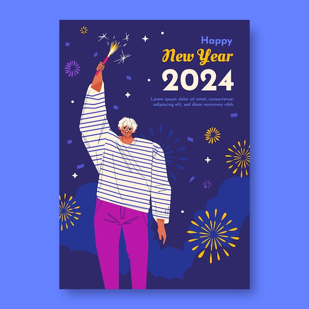 2024 年の新年のお祝いのための平らな垂直ポスター テンプレート