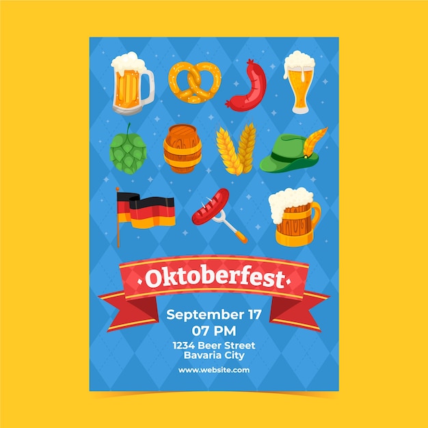 Vettore gratuito modello di poster verticale piatto per la celebrazione del festival della birra oktoberfest