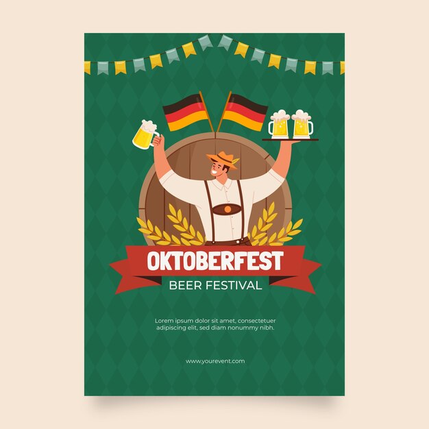 오크테르페스트 맥주 축제 축하를 위한 평평한 수직 포스터 템플릿