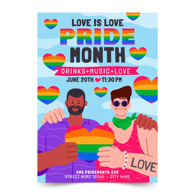 Free vector flat vertical poster template for pride month celebration