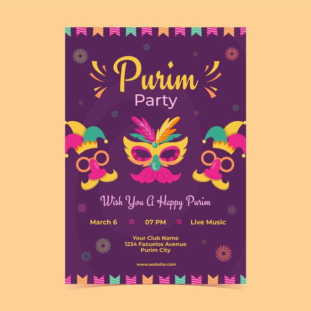 Flat vertical poster template for purim holiday celebration