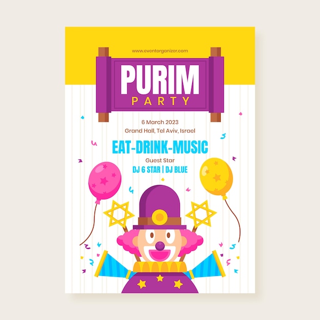 Vettore gratuito modello di poster verticale piatto per la celebrazione delle vacanze purim