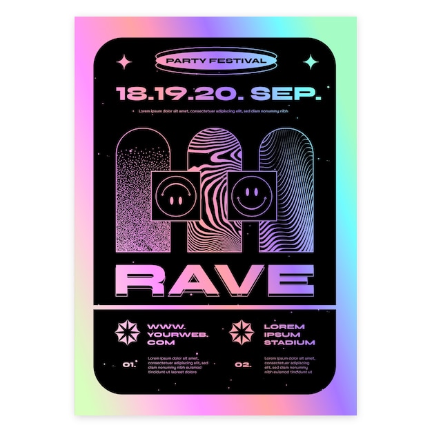 Vettore gratuito modello di poster verticale piatto per rave party