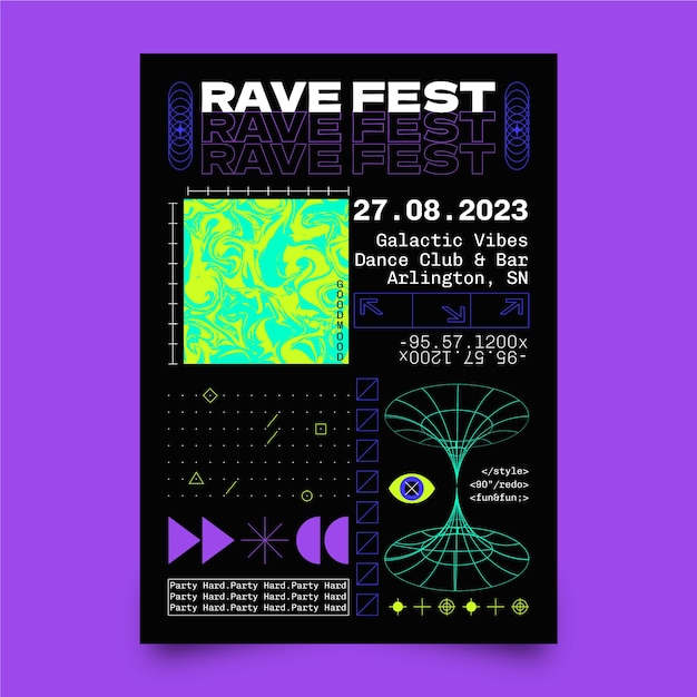 Vettore gratuito modello di poster verticale piatto per rave party