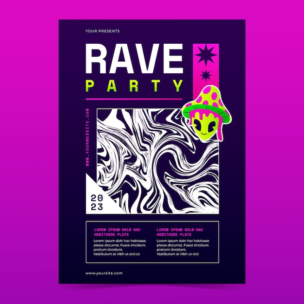 Vettore gratuito modello di poster verticale piatto per rave party