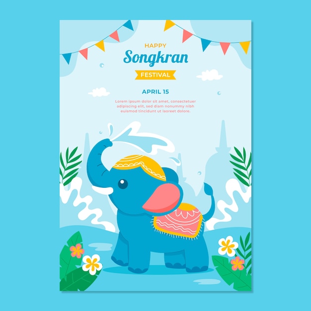 Modello di poster verticale piatto per la celebrazione del festival dell'acqua songkran