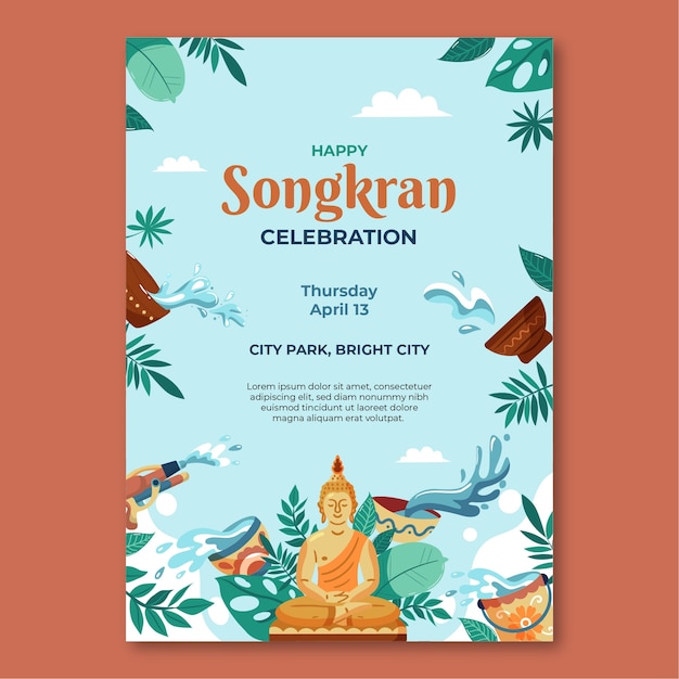 Vettore gratuito modello di poster verticale piatto per la celebrazione del festival dell'acqua songkran