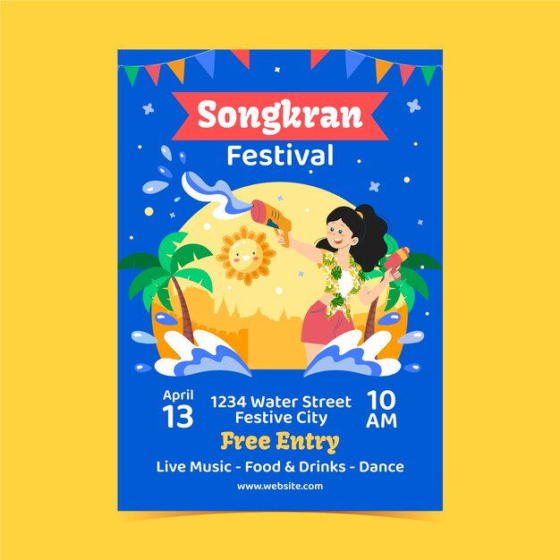 Flat vertical poster template for songkran water festival celebration