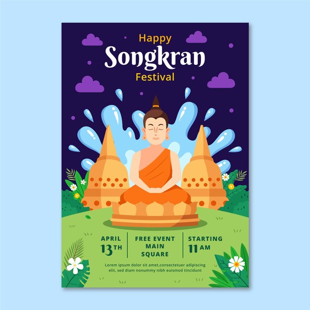 Flat vertical poster template for songkran water festival celebration