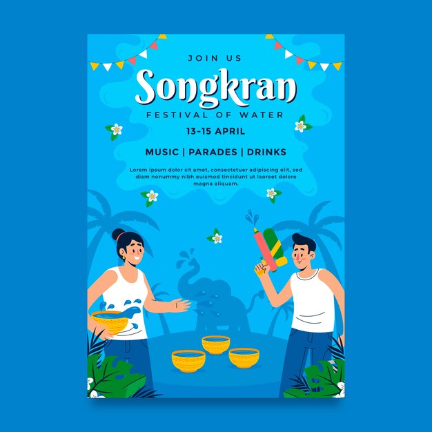 Flat vertical poster template for songkran water festival celebration