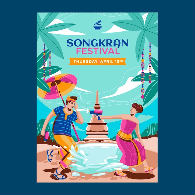 Free vector flat vertical poster template for songkran water festival celebration