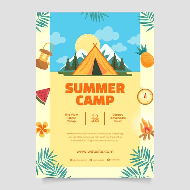 Free vector flat vertical poster template for summer camp