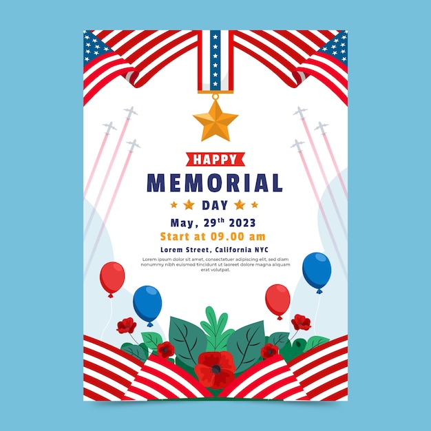 Free vector flat vertical poster template for usa memorial day holiday