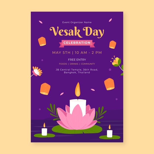 Vesak 축제 축하를위한 평면 수직 포스터 템플릿