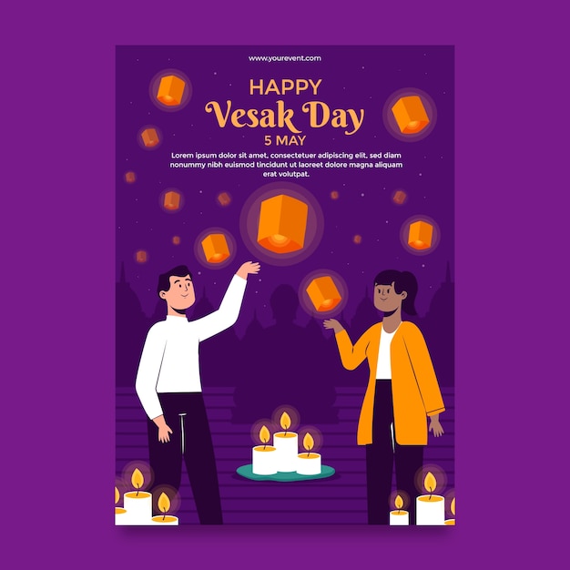 Modello di poster verticale piatto per la celebrazione del festival vesak