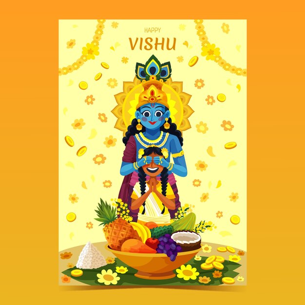 Flat vertical poster template for vishu festival celebration