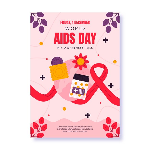 世界エイズの日の啓発のための平らな垂直ポスター テンプレート