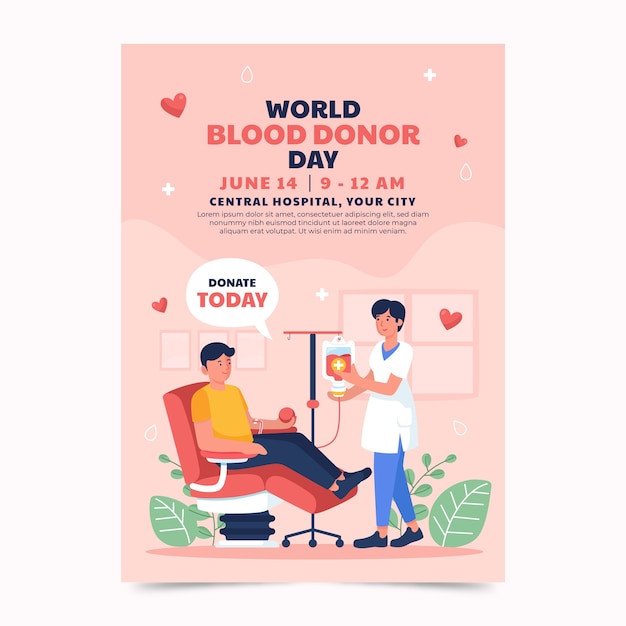 Flat vertical poster template for world blood donor day