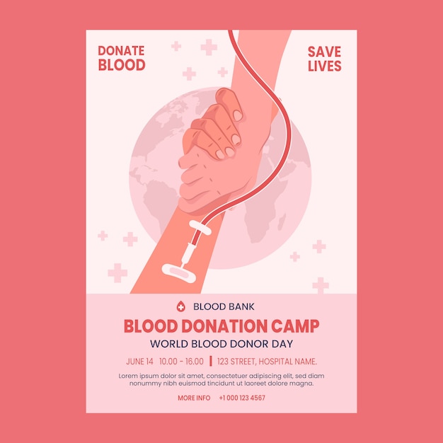 Vettore gratuito modello di poster verticale piatto per la giornata mondiale del donatore di sangue