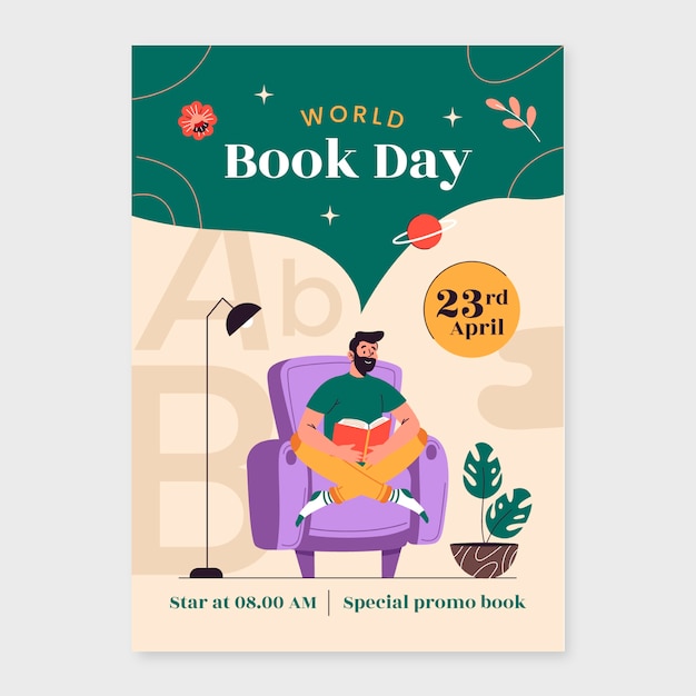 Vettore gratuito modello di poster verticale piatto per la celebrazione della giornata mondiale del libro
