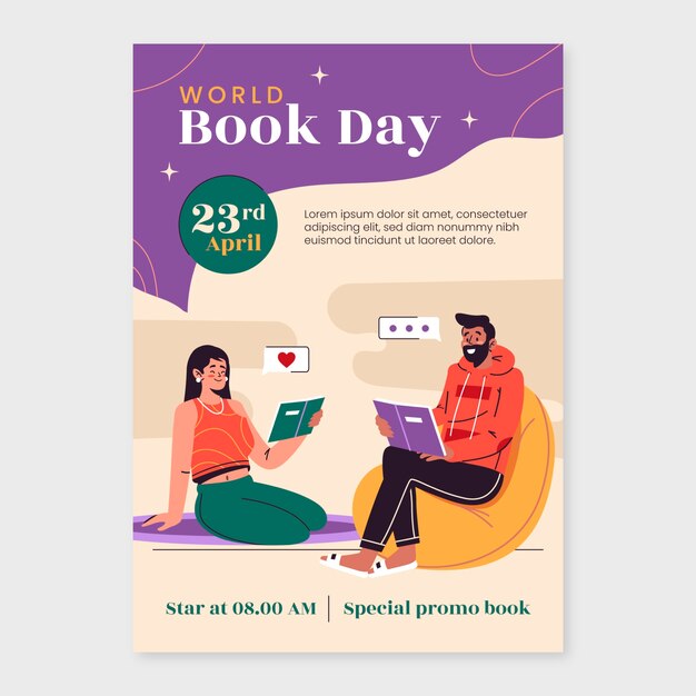 Плоский вертикальный шаблон плаката для празднования всемирного дня книги