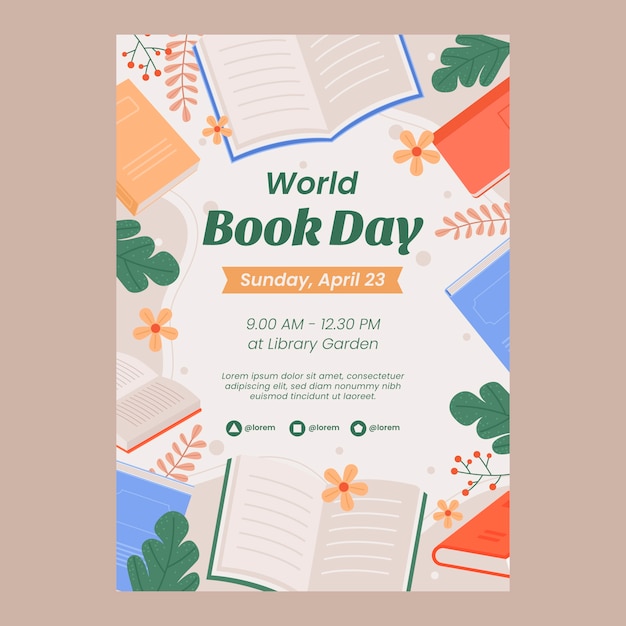 Плоский вертикальный шаблон плаката для празднования всемирного дня книги