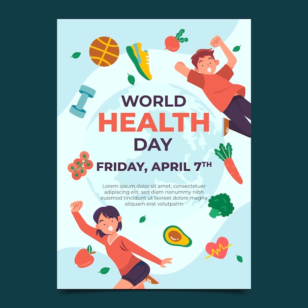 Vettore gratuito modello di poster verticale piatto per la celebrazione della giornata mondiale della salute