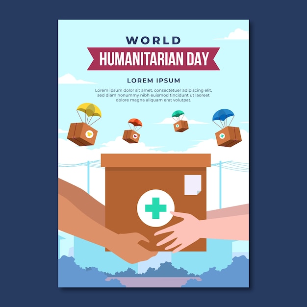 Vettore gratuito modello di poster verticale piatto per la giornata umanitaria mondiale