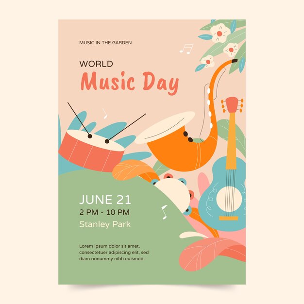 Flat vertical poster template for world music day celebration